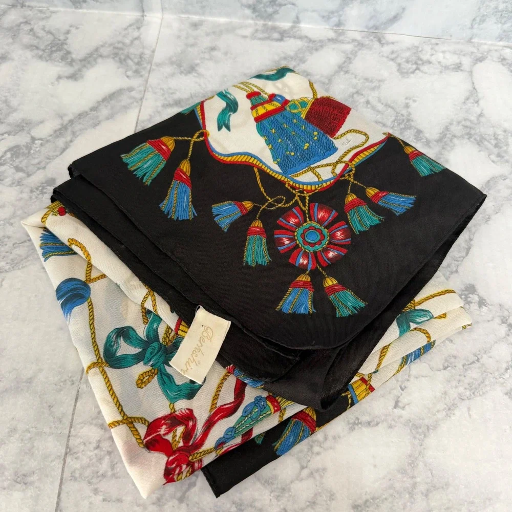 Berkshire Square Scarf 30x30 Black Cream‎ Equestrian Tassel Rope Bow Italy